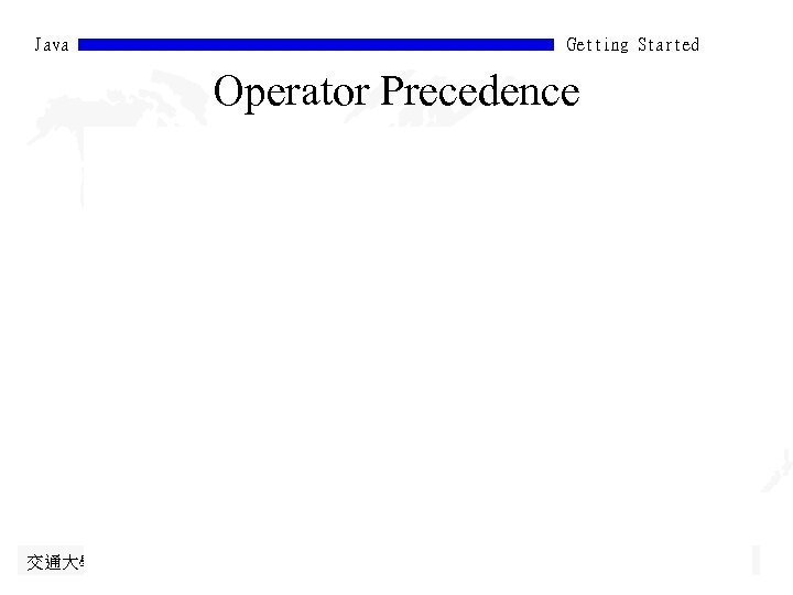 Java Getting Started Operator Precedence 交通大學資訊 程學系 蔡文能 第 16頁 