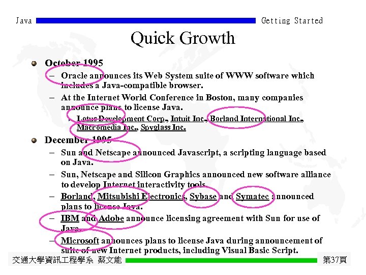 Java Getting Started Quick Growth October 1995 - Oracle announces its Web System suite