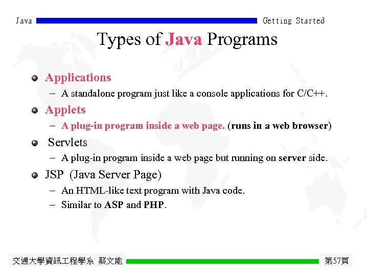 Java Getting Started Types of Java Programs Applications - A standalone program just like