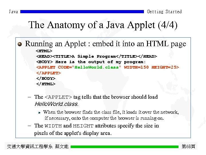 Java Getting Started The Anatomy of a Java Applet (4/4) Running an Applet :
