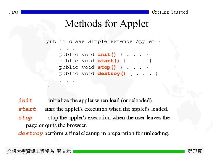 Java Getting Started Methods for Applet public class Simple extends Applet {. . .