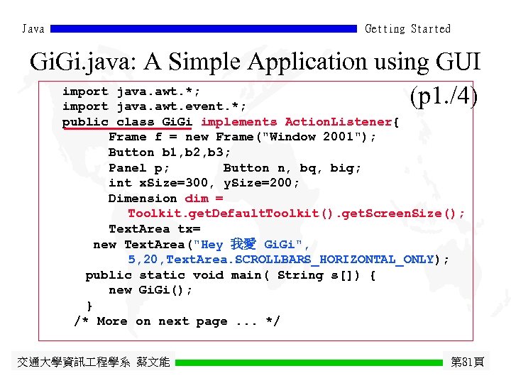 Java Getting Started Gi. java: A Simple Application using GUI import java. awt. *;
