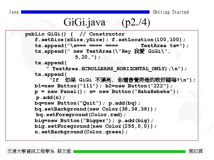 Java Getting Started Gi. java (p 2. /4) public Gi. Gi() { // Constructor