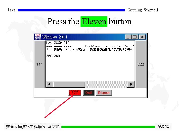 Java Getting Started Press the Eleven button Eleven 交通大學資訊 程學系 蔡文能 第 87頁 