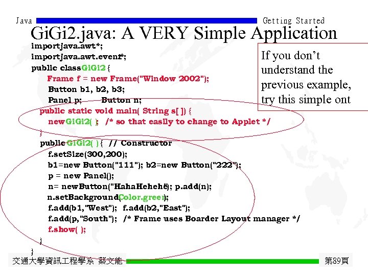 Java Getting Started Gi. Gi 2. java: A VERY Simple Application importjava. awt. *;