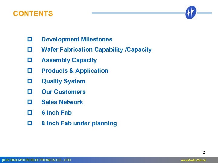 CONTENTS p Development Milestones p Wafer Fabrication Capability /Capacity p Assembly Capacity p Products