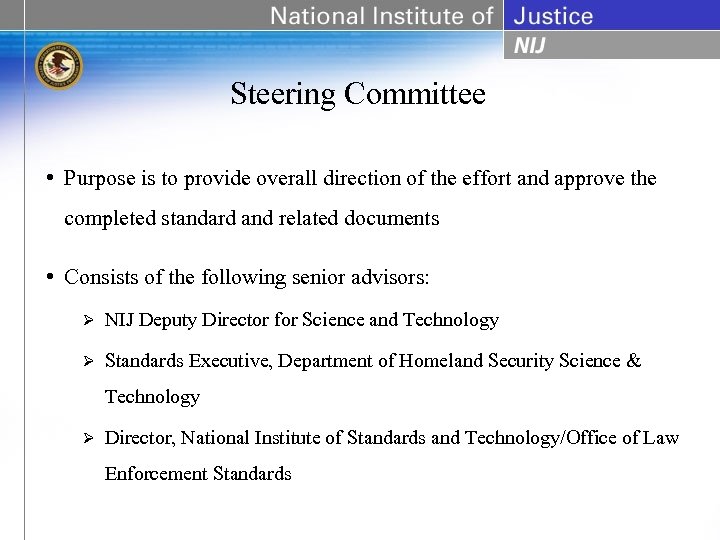 Steering Committee • Purpose is to provide overall direction of the effort and approve