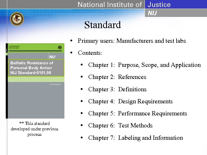 Standard • Primary users: Manufacturers and test labs • Contents: Ballistic Resistance of Personal