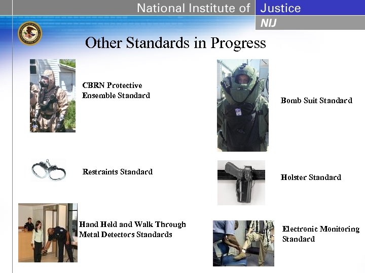 Other Standards in Progress CBRN Protective Ensemble Standard Restraints Standard Hand Held and Walk