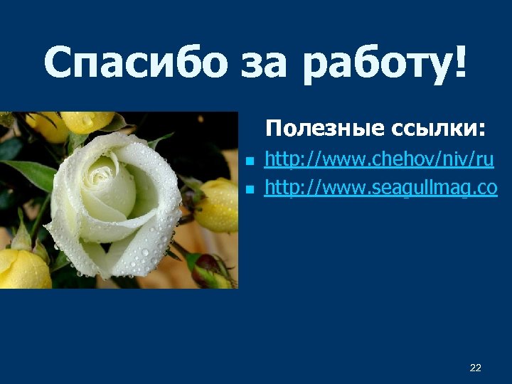 Спасибо за работу! Полезные ссылки: n n http: //www. chehov/niv/ru http: //www. seagullmag. co