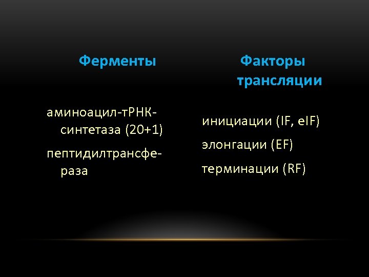 Ферменты Факторы трансляции аминоацил-т. РНКсинтетаза (20+1) инициации (IF, e. IF) пептидилтрансфераза терминации (RF) элонгации