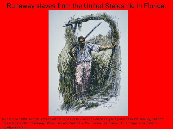 Runaway slaves from the United States hid in Florida. As early as 1689, African