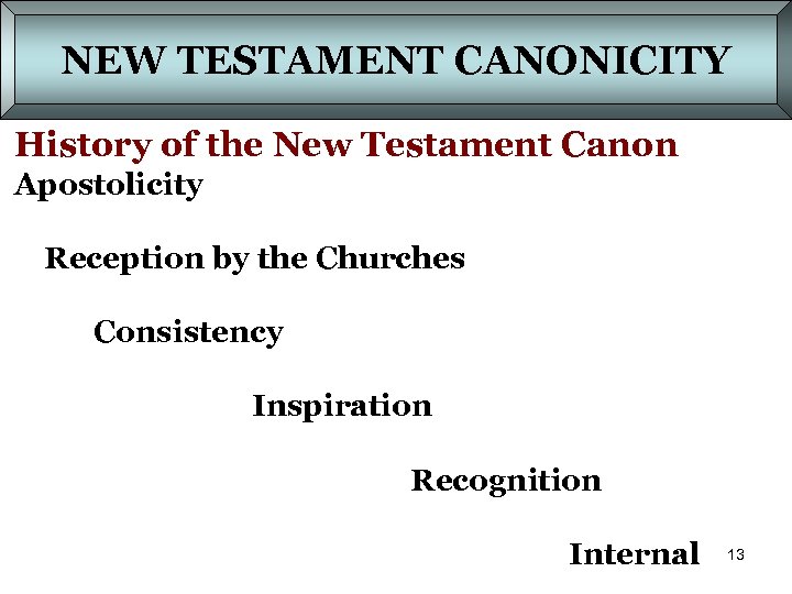 NEW TESTAMENT CANONICITY History of the New Testament Canon Apostolicity Reception by the Churches