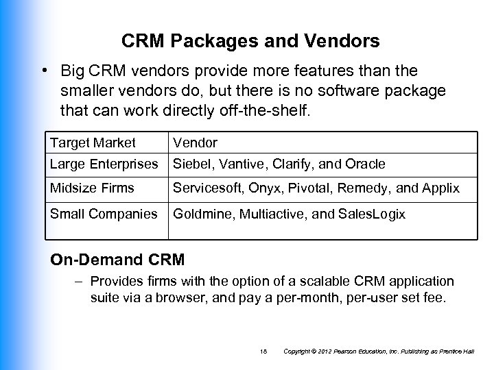 CRM Packages and Vendors • Big CRM vendors provide more features than the smaller