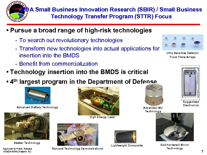 MDA Small Business Innovation Research (SBIR) / Small Business Technology Transfer Program (STTR) Focus