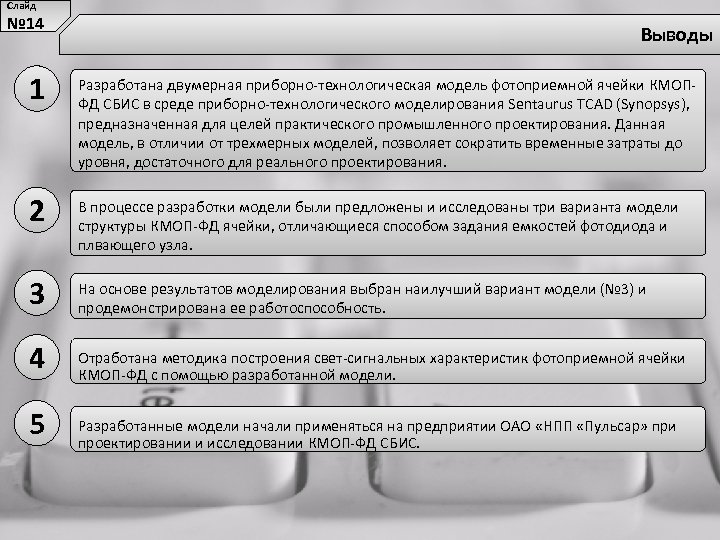 Слайд № 14 Выводы 1 Разработана двумерная приборно-технологическая модель фотоприемной ячейки КМОПФД СБИС в