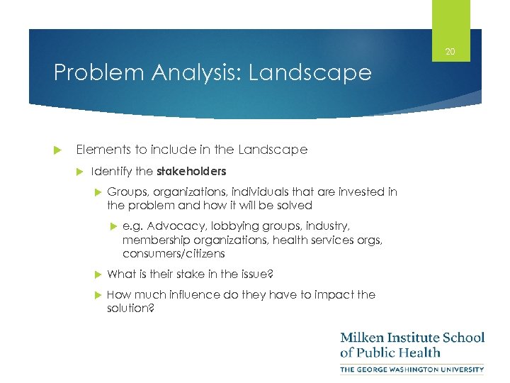 20 Problem Analysis: Landscape Elements to include in the Landscape Identify the stakeholders Groups,