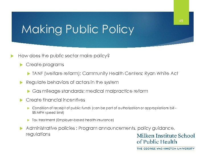 Making Public Policy How does the public sector make policy? Create programs Regulate behaviors