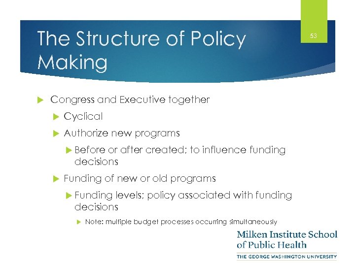 The Structure of Policy Making Congress and Executive together Cyclical Authorize new programs Before