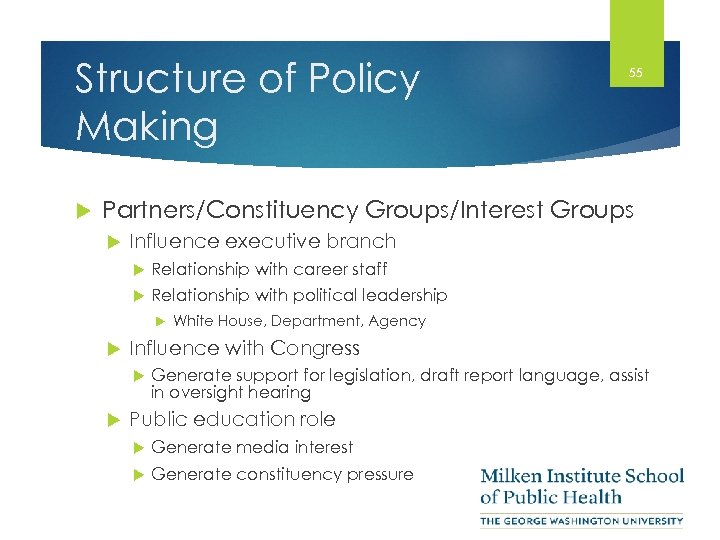 Structure of Policy Making 55 Partners/Constituency Groups/Interest Groups Influence executive branch Relationship with career