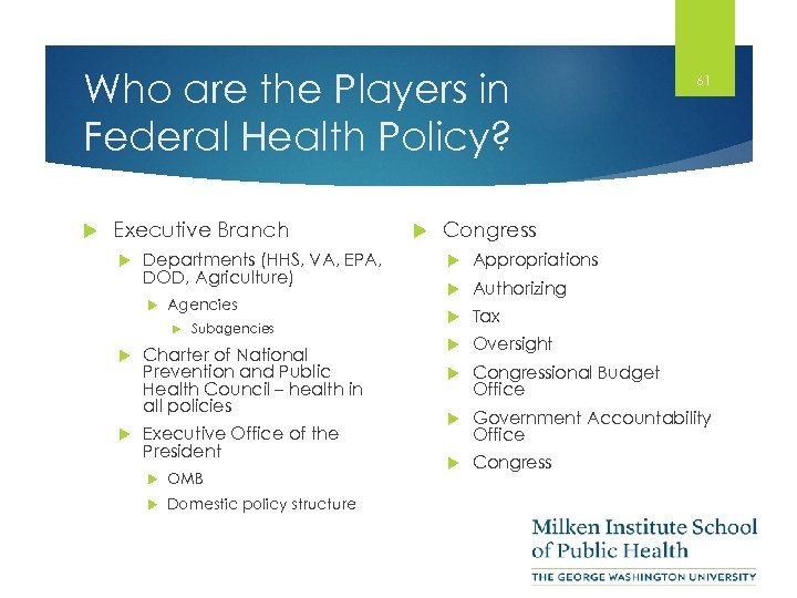 Who are the Players in Federal Health Policy? Executive Branch Departments (HHS, VA, EPA,