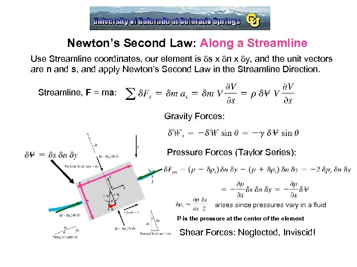 Newton’s Second Law: Along a Streamline Use Streamline coordinates, our element is ds x