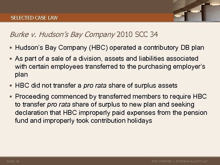 SELECTED CASE LAW Burke v. Hudson’s Bay Company 2010 SCC 34 § Hudson’s Bay