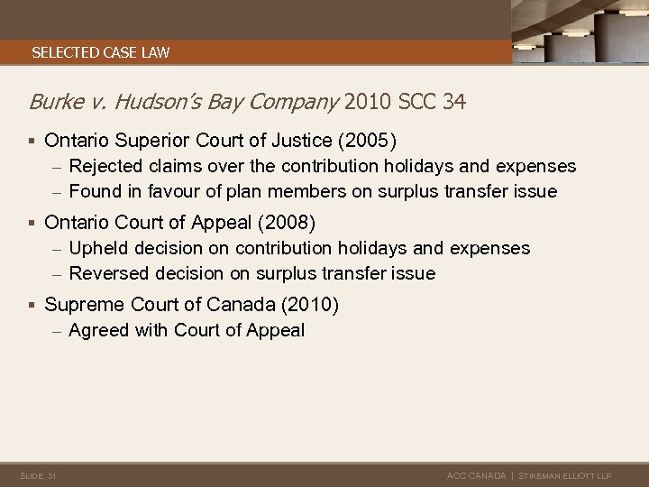 SELECTED CASE LAW Burke v. Hudson’s Bay Company 2010 SCC 34 § Ontario Superior