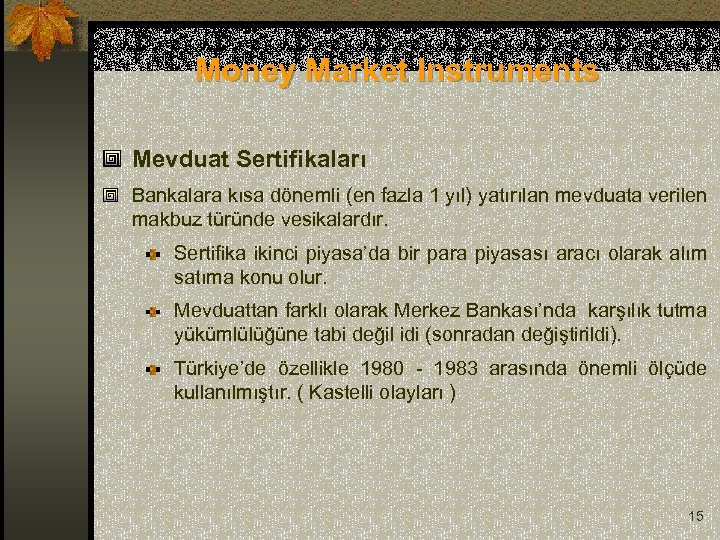 Money Market Instruments Mevduat Sertifikaları Bankalara kısa dönemli (en fazla 1 yıl) yatırılan mevduata