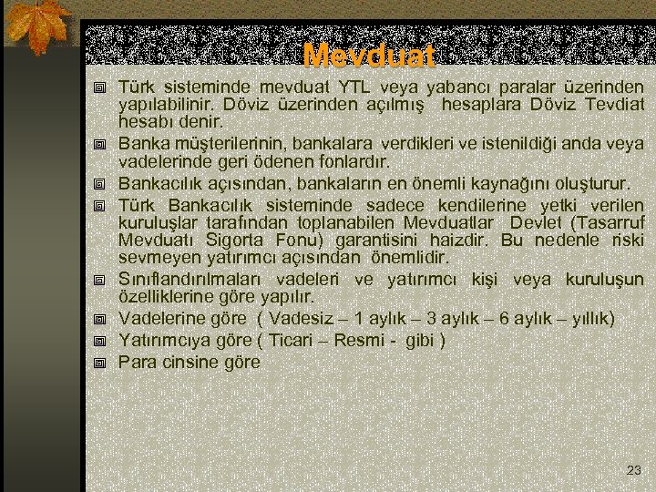Mevduat Türk sisteminde mevduat YTL veya yabancı paralar üzerinden yapılabilinir. Döviz üzerinden açılmış hesaplara