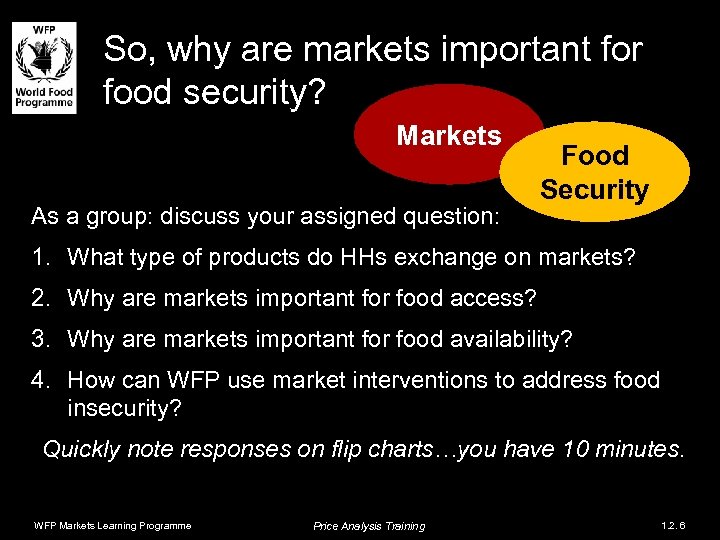 So, why are markets important for food security? Markets As a group: discuss your