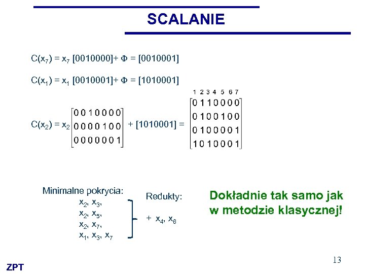 SCALANIE C(x 7) = x 7 [0010000]+ = [0010001] C(x 1) = x 1