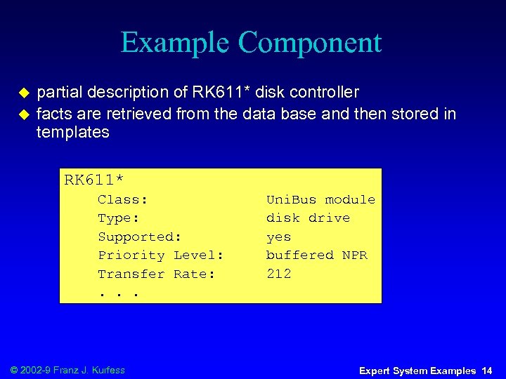Example Component u u partial description of RK 611* disk controller facts are retrieved