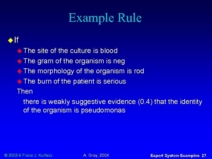 Example Rule u If u The site of the culture is blood u The