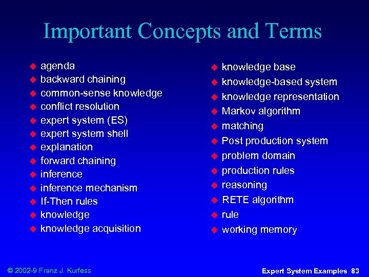 Important Concepts and Terms u u u u agenda backward chaining common-sense knowledge conflict