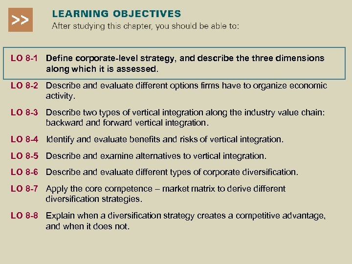 LO 8 -1 Define corporate-level strategy, and describe three dimensions along which it is