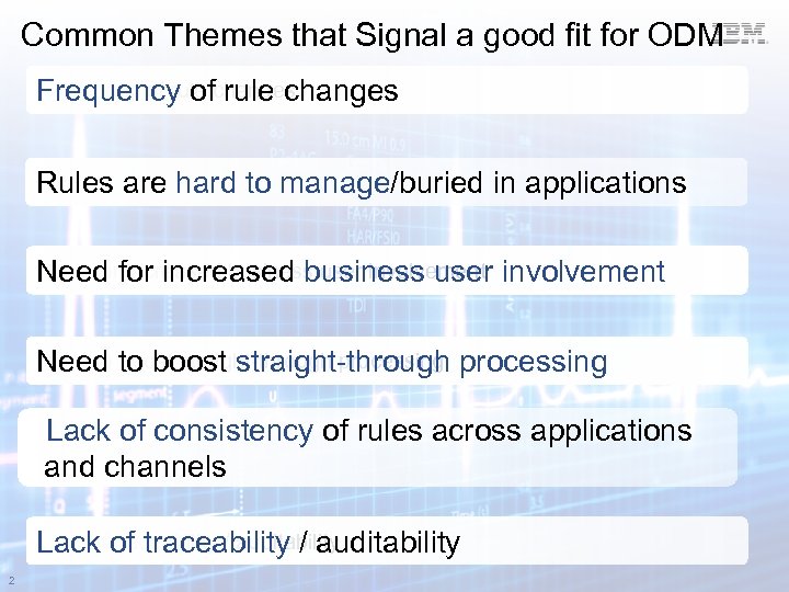 Common Themes that Signal a good fit for ODM Frequency of rule changes Rules