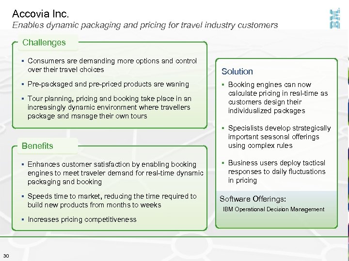 Accovia Inc. Enables dynamic packaging and pricing for travel industry customers Challenges § Consumers