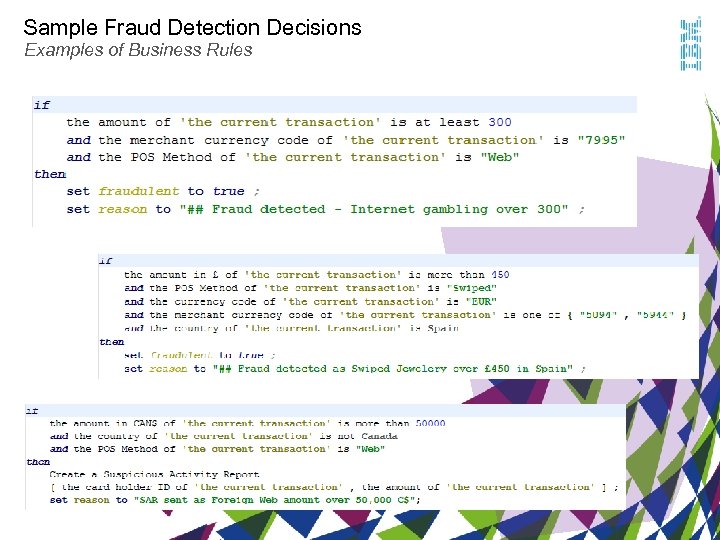 Sample Fraud Detection Decisions Examples of Business Rules 