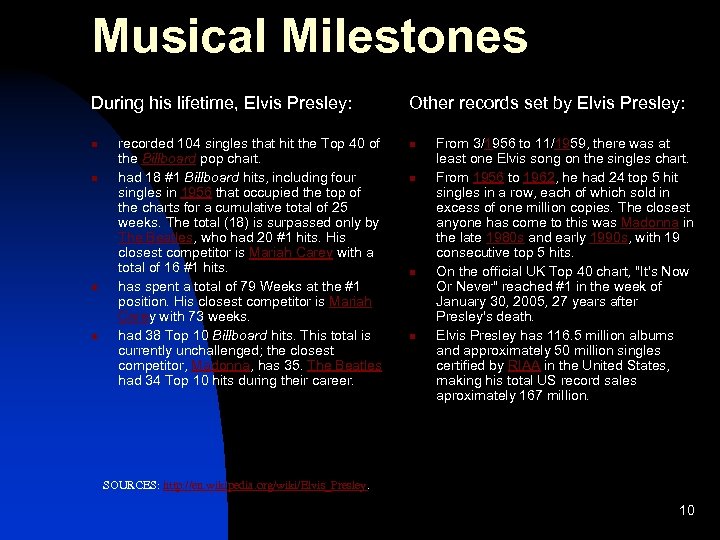 Musical Milestones During his lifetime, Elvis Presley: n n recorded 104 singles that hit