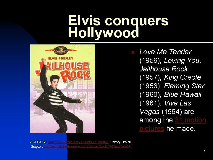 Elvis conquers Hollywood n Love Me Tender (1956), Loving You, Jailhouse Rock (1957), King