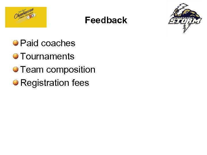 Feedback Paid coaches Tournaments Team composition Registration fees 