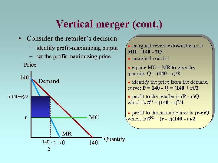 Vertical merger (cont. ) • Consider the retailer’s decision – identify profit-maximizing output –