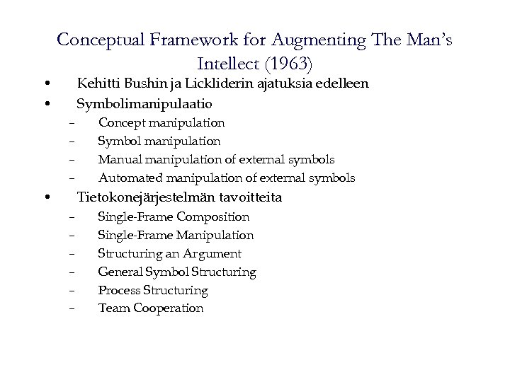  • • Conceptual Framework for Augmenting The Man’s Intellect (1963) Kehitti Bushin ja