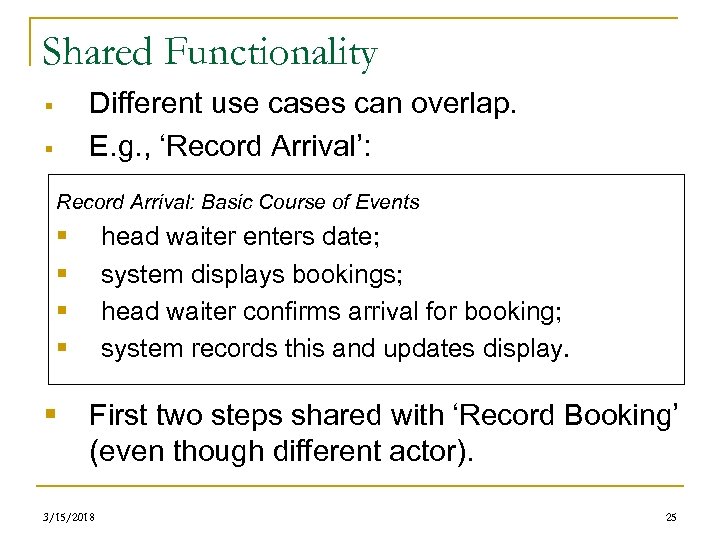 Shared Functionality Different use cases can overlap. E. g. , ‘Record Arrival’: § §