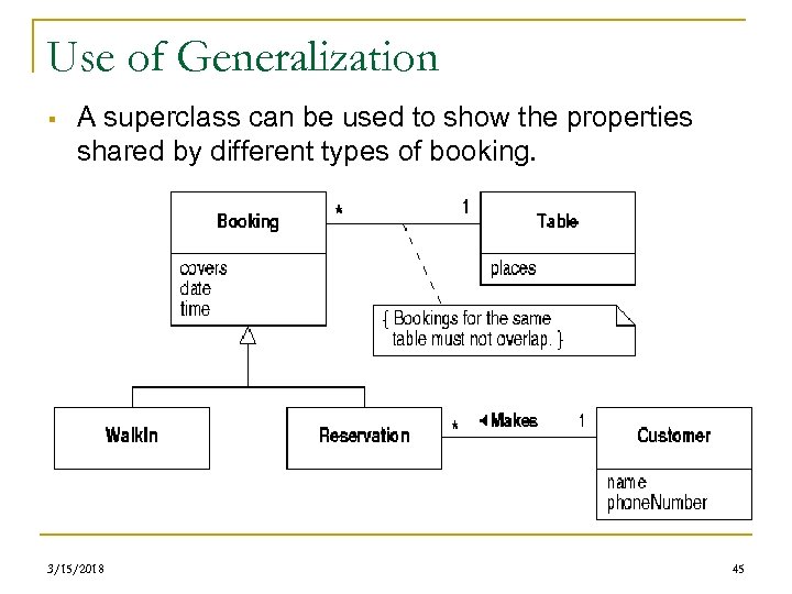 Use of Generalization § A superclass can be used to show the properties shared