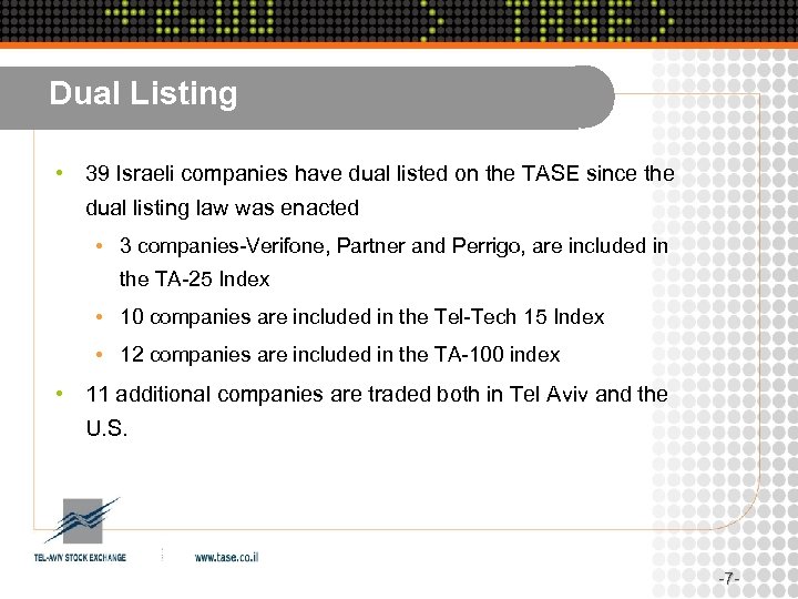 Dual Listing • 39 Israeli companies have dual listed on the TASE since the