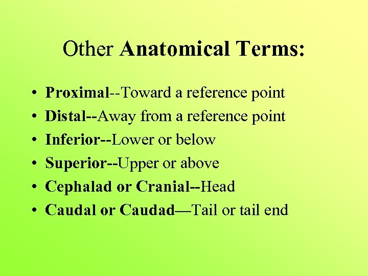 Other Anatomical Terms: • • • Proximal--Toward a reference point Distal--Away from a reference