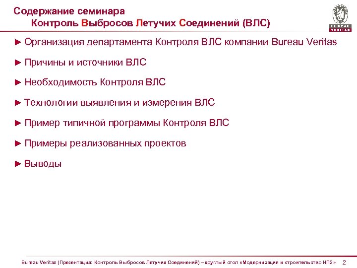 Содержание семинара Контроль Выбросов Летучих Соединений (ВЛС) ► Организация департамента Контроля ВЛС компании Bureau