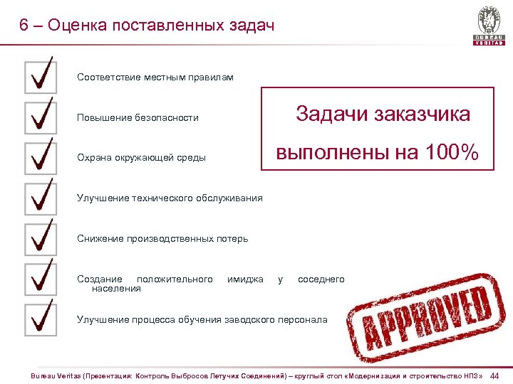 6 – Оценка поставленных задач Соответствие местным правилам Задачи заказчика Повышение безопасности выполнены на